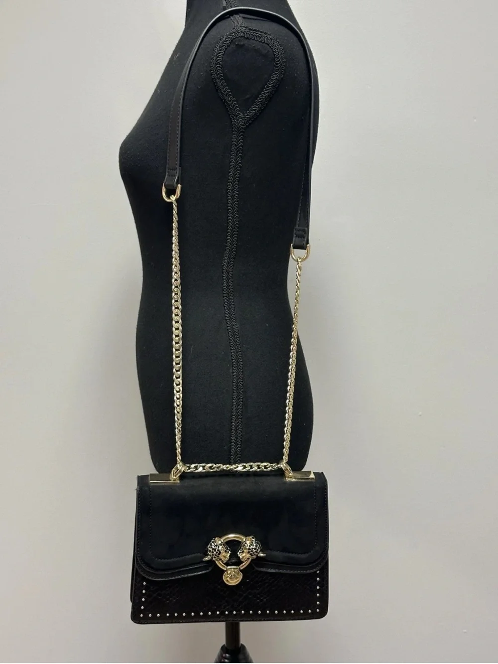 Topshop Black/Gold Panther Detail Crossbody Bag Handbag Faux Leather